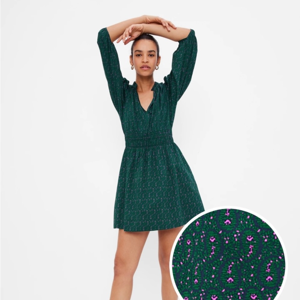 GAP mini dress smocked waist puff sleeves forest green with pockets size M